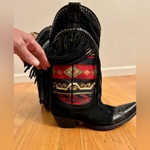 Old Gringo Fringed Western Boots with Red and Black Design 9.5